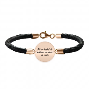 Bratara argint banut 16 mm si piele impletita - personalizata cu text - placat cu aur roz